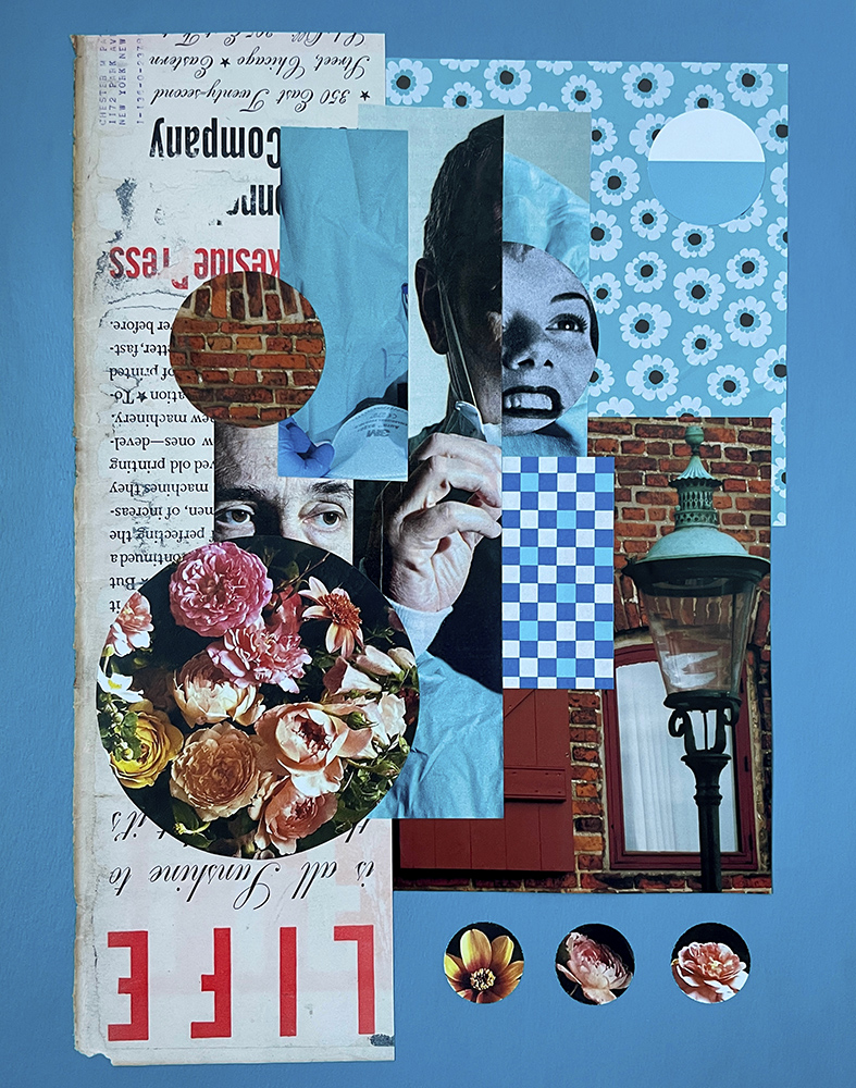 This is a mixed media collage that is 20 inches tall and 16 inches wide. The piece features cut outs from Life magazine on an electric blue background. None of the collaged items go to the edge of the frame, leaving a thick border of blue paint around the edge. The work’s most prominent images are various flowers, including daisies and roses, medical fabric, gloves, and masks, and the face of a man and a woman. 