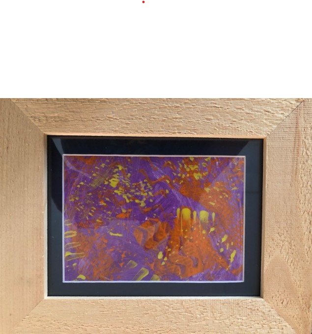 This abstract painting includes three colors: purple, orange, and yellow. The background is purple, the next layer is orange, and the topmost layer is yellow. The colors remain distinct from one another, without blending. An unpainted border creates a white frame around the image.      In some areas, the orange paint looks as though it was applied using a screen. Elsewhere, it looks as though it was applied using a sponge. In one such section, the purple layer shows through in a series of waves, which are repeated in orange below.      The final layer consists mostly of yellow splatters, with a few instances of more deliberate application of the paint. 