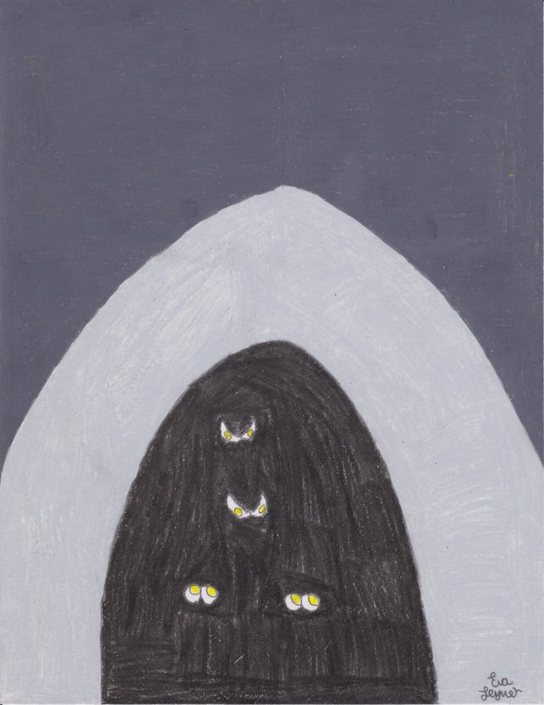 This portrait-oriented piece is separated into two pointed arches, filling the entire page with shades of gray and black. Starting at the top is the dark gray background, leading down to a light gray arch, which is over top the black arch.      Inside the arch are four sets of eyes. Closest to the top of the black arch is a set of yellow eyes pointed in an upward slant. Directly underneath this set is a nearly identical set of eyes. Next to each other underneath both sets of pointed eyes are two sets of circular eyes looking upward towards the eyes above. 