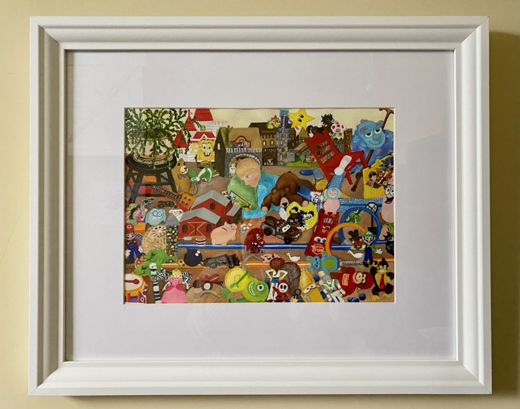 This watercolor painting depicts a room whose floor is covered with various toys. In the middle of the floor is the image of a child, laying down against a green pillow. The entire frame is filled with layers of characters of varying sizes. At left, a potted plant sits on a stool. 
