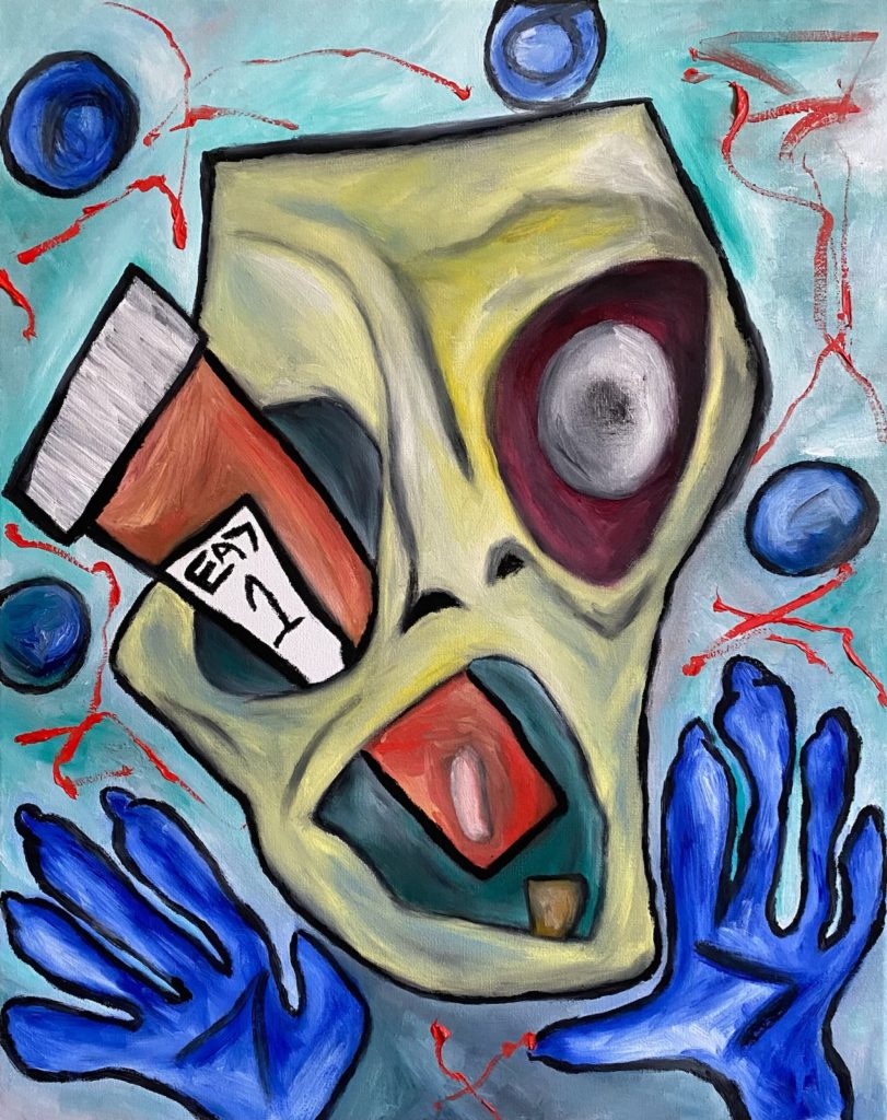 This artwork is a 16 inches wide by 20 inches tall painting using oil on canvas. It features an abstracted face and hands against a light aqua background. An orange pill bottle, with one pill inside, enters the face through an empty eye socket and is viewed again through an open mouth. 