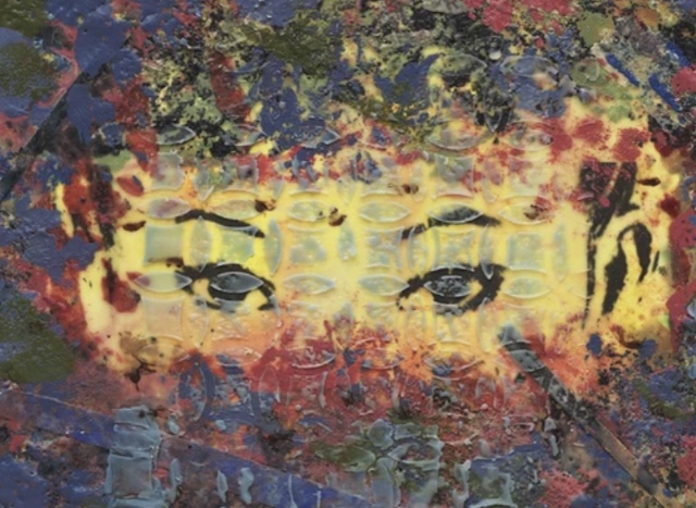 In this highly textured, encaustic mixed media work, a woman’s eyes peer out at the viewer through abstract surroundings of red, blue, green, brown, black, and yellow splotches. Around the woman’s face, colors blend together in mottled splotches. A repeating pattern of milky-colored eye shapes around a square give texture to the entire painting. The arrangement of the eye shapes creates the impression of a circle. The way the face is framed by the more abstract colors makes it look as though the woman is partially hidden behind something, perhaps a veil, or as if she is peering out from behind foliage.