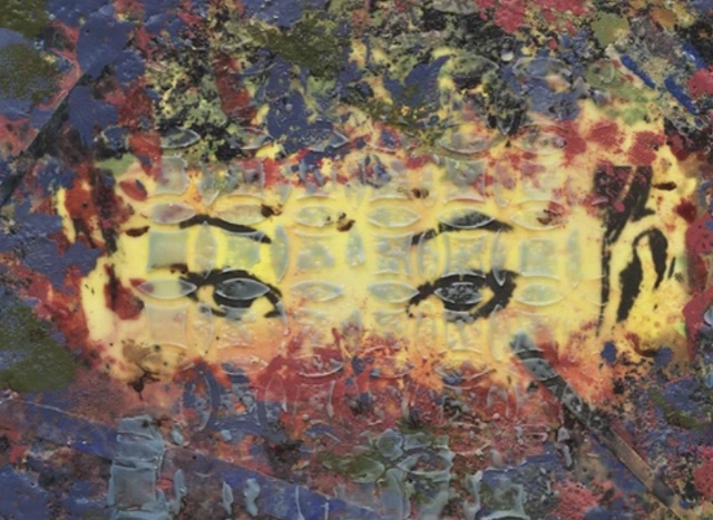 In this highly textured, encaustic mixed media work, a woman’s eyes peer out at the viewer through abstract surroundings of red, blue, green, brown, black, and yellow splotches.    Around the woman’s face, colors blend together in mottled splotches.    A repeating pattern of milky-colored eye shapes around a square give texture to the entire painting. The arrangement of the eye shapes creates the impression of a circle.    The way the face is framed by the more abstract colors makes it look as though the woman is partially hidden behind something, perhaps a veil, or as if she is peering out from behind foliage. 