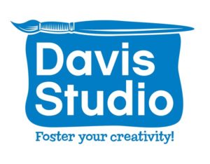 A logo for the Davis Studio. A blue soft rectangle, with a paintbrush laying across the top. Inside it says, "Davis Studio." Below, in blue playful lettering, it says, "Foster your creativity!"