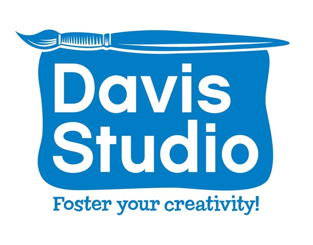 A logo for the Davis Studio. A blue soft rectangle, with a paintbrush laying across the top. Inside it says, "Davis Studio." Below, in blue playful lettering, it says, "Foster your creativity!"