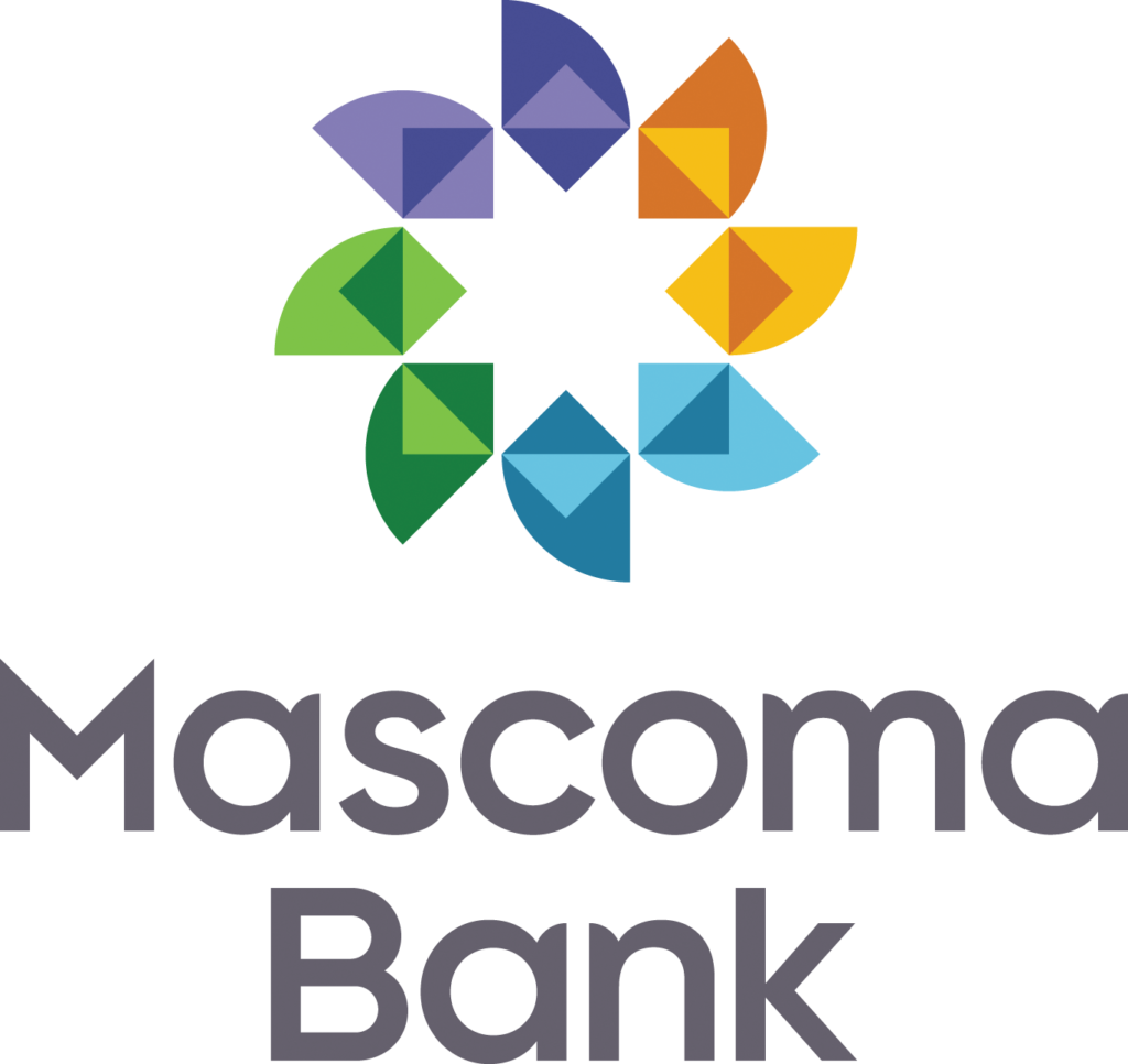 A logo for Mascoma Bank. At top, a geometric sunburst or abstract floral in oranges, blues, and greens. Below, in grey letters, it says, "Mascoma Bank."