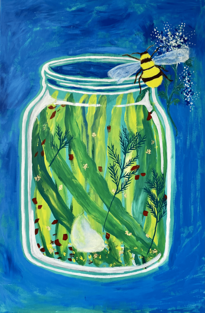 A 36” tall and 24” wide canvas depicting a jar of dilly beans against a bright, cobalt blue background. The jar takes up the majority of the canvas, leaving a few inches of blue border on all sides. White highlights suggest glass or a reflective surface. Inside the jar, about a dozen green beans lean against the sides, some upright, and some diagonal. Red pepper flakes, a clove of garlic, and three sprigs of dill also float inside the jar. Gold flecks have been applied to the surface of the painting within the jar as well. At the jar’s opening, on the right hand side, a large bumble bee rests in front of queen anne’s lace. The background of the painting is made up of multiple shades of blue and aqua, and the artists have left the brush strokes visible so that the lighter shades peek through the cobalt.
