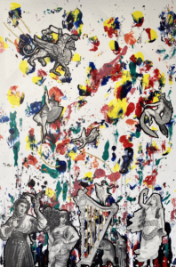 This 36” tall and 24” wide canvas features an abstract, mixed media scene. The background is made up of combinations of paint that appear to blend together in a way reminiscent of tie-dye, or two pages stuck together with paint that have been pulled apart. The splotches of paint cover the white canvas in bright yellow, green, navy blue, and red, and occasionally blend to make purple and orange. Towards the bottom, more black has been applied than at the top. On top of this background, collage cutouts have been applied, all black and white. They are, clockwise from the top right: A naked witch riding a broom with a long scarf trailing behind her, a woman in a veil holding a box in one hand with the other raised holding a string of beads, a wizard with a starry cap, a beaver, a harp with the strings made from gold glitter glue, a woman holding a fan with a hand on her hip, a woman caught mid dance with a bird perched on one of her hands, and two fairies.
