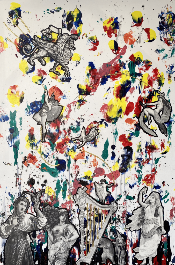 This 36” tall and 24” wide canvas features an abstract, mixed media scene. The background is made up of combinations of paint that appear to blend together in a way reminiscent of tie-dye, or two pages stuck together with paint that have been pulled apart. The splotches of paint cover the white canvas in bright yellow, green, navy blue, and red, and occasionally blend to make purple and orange. Towards the bottom, more black has been applied than at the top. On top of this background, collage cutouts have been applied, all black and white. They are, clockwise from the top right: A naked witch riding a broom with a long scarf trailing behind her, a woman in a veil holding a box in one hand with the other raised holding a string of beads, a wizard with a starry cap, a beaver, a harp with the strings made from gold glitter glue, a woman holding a fan with a hand on her hip, a woman caught mid dance with a bird perched on one of her hands, and two fairies.