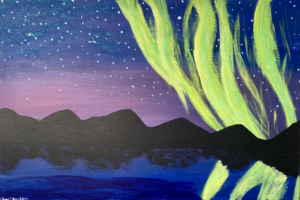 This is a horizontal, 36” wide and 24” tall painting in acrylic on canvas. It features a landscape and night sky in shades of purple, blue, black, and fluorescent green. A row of black, triangular mountains bisects the canvas in the bottom half. Below, water is painted in shades of royal and navy blue. Feathery black brushstrokes suggest reflections of the mountains in the water. Above the mountain range is a sky, which is lavender and purple nearest to the mountains, and fades into a deep, dark blue at the top of the canvas. The sky is speckled with white dots, and in the top left corner of the image blue glitter reflects light. The right half of the painting features fluorescent green and yellow streaks of paint, radiating from the mountain range and reflected in the water below.