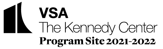 Logo for the Kennedy Center, Black geometric graphic on left, black text says, VSA The Kennedy Center Program Site 2021-2022