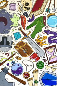 This is a 36” tall and 24” wide white canvas filled with a series of cartoon-style doodles. The background has been left so that the bare, white canvas shows through. The doodles fill the entirety of the canvas, with some going off the edge. There is white space left between them. Each of the doodles is made up largely of solid colors, to which thick black outlines and white highlight marks have been added. From top right, clockwise, the featured images are: A red and gold spellbook with a purple bookmark, two ends of an arrow whose feathers are teal, a blue crystal ball, a green severed dragon head with crossed out eyes, a purple snake, a gold crown with red jewels, a purple and brown hourglass, two bones, a green 20-sided die, a blue gemstone amulet, two scrolls with a green seal, a red circular pendant attached to a chain, two red and pink candles, a throwing ax, a round-bottom boiling flask filled with purple liquid, two gold coins, a magic wand surrounded by green smoke, a metal helmet with a horn protruding from one side, a pyramid-shaped dice, a treasure chest with a lock, a large sword in the center of the piece, a gray cauldron with lime-green froth at the top, a red and orange feather, a black bottle, a skull, a purple dice, and a golden ring with red gems. Around each of the items flicks and tiny circles have been added suggesting movement or emphasis.