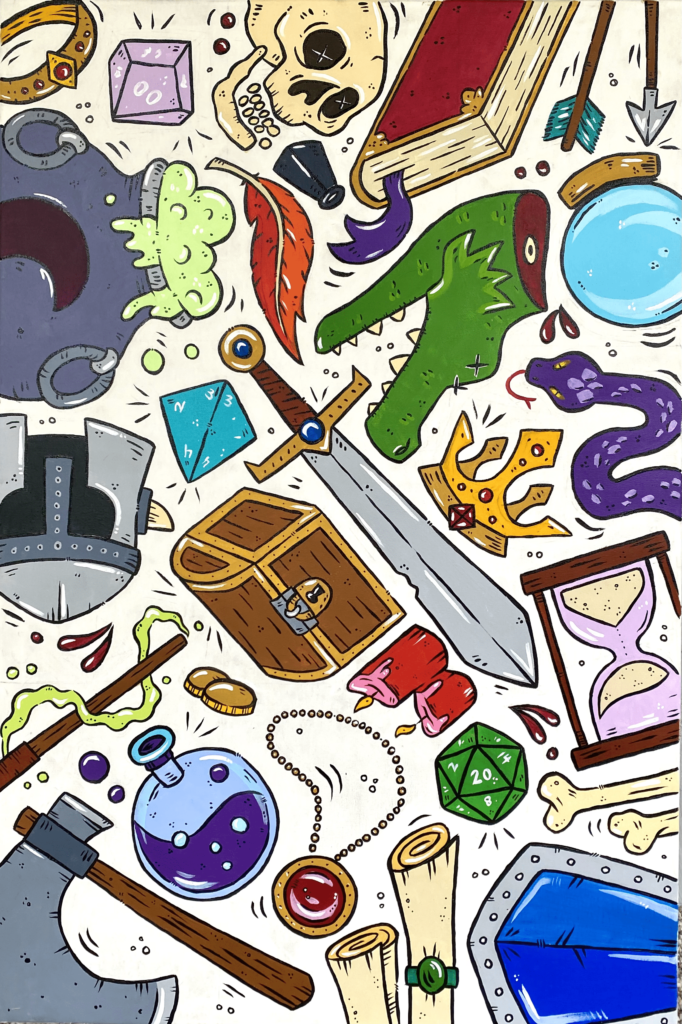 This is a 36” tall and 24” wide white canvas filled with a series of cartoon-style doodles. The background has been left so that the bare, white canvas shows through. The doodles fill the entirety of the canvas, with some going off the edge. There is white space left between them. Each of the doodles is made up largely of solid colors, to which thick black outlines and white highlight marks have been added. From top right, clockwise, the featured images are: A red and gold spellbook with a purple bookmark, two ends of an arrow whose feathers are teal, a blue crystal ball, a green severed dragon head with crossed out eyes, a purple snake, a gold crown with red jewels, a purple and brown hourglass, two bones, a green 20-sided die, a blue gemstone amulet, two scrolls with a green seal, a red circular pendant attached to a chain, two red and pink candles, a throwing ax, a round-bottom boiling flask filled with purple liquid, two gold coins, a magic wand surrounded by green smoke, a metal helmet with a horn protruding from one side, a pyramid-shaped dice, a treasure chest with a lock, a large sword in the center of the piece, a gray cauldron with lime-green froth at the top, a red and orange feather, a black bottle, a skull, a purple dice, and a golden ring with red gems. Around each of the items flicks and tiny circles have been added suggesting movement or emphasis.