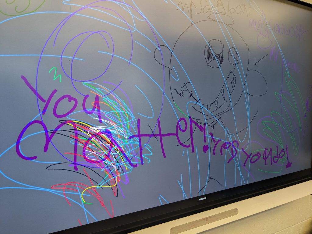 A photo of a SmartBoard. Students wrote on the board a saying their Teaching Artist used to close each session, "You Matter! Yes you do!"
