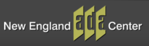 Logo for the New England ADA Center. A grey rectangle with text in the middle. White text "New England", grey text "ADA" each letter of ADA is in a bright green vertical rectangle and then white text "Center".