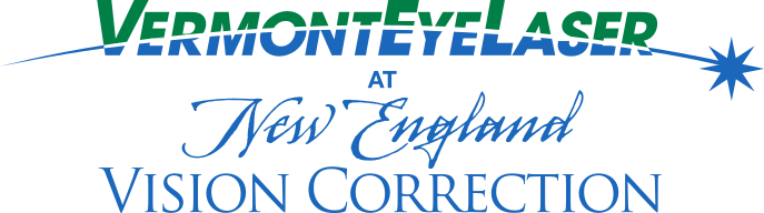 A logo for Vermont Eye Laser. At top, it says, "Vermont Eye Laser" in green and blue. A ray of blue cuts through the words, separating the colors. Below is says, "at New England Vision Correction" in blue. New England is in cursive and the other words are in all caps bold.