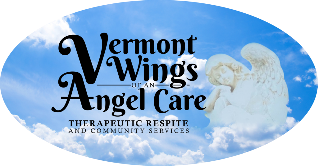 An oval logo. The background is a blue sky and clouds with a floating angel statue. Layered on top in black writing, it says, "Vermont Wings of an Angel Care, therapeutic respite and community services."