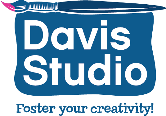 A logo for the Davis Studio. At center in a muted blue, white letters say, Davis Studio on an abstract blue background. Above is a blue paintbrush with pink paint on the brush tip. Below, it says, "Foster your creativity!"