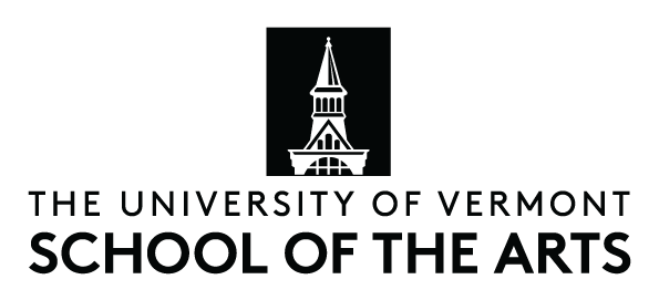 UVM School of the Arts logo. A black rectangular illustration of a building with a pointed roof. Black text below "UVM School of the Arts."