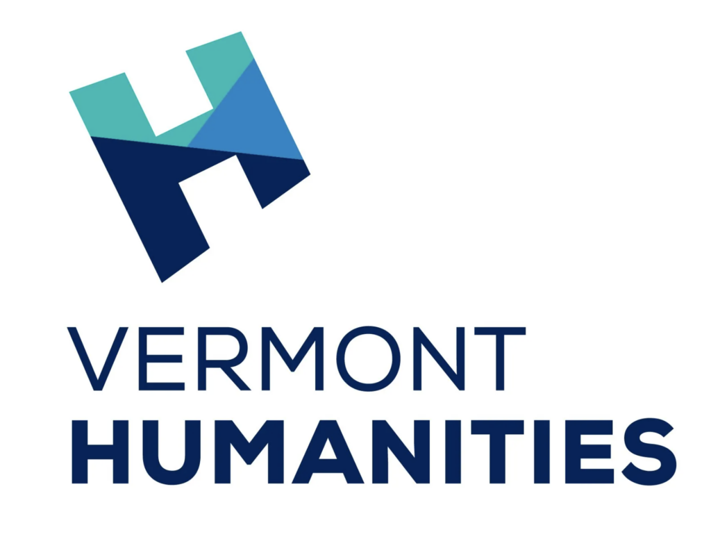 An H made up of turquoise blue and navy hues. Below that is navy blue text "Vermont Humanities"
