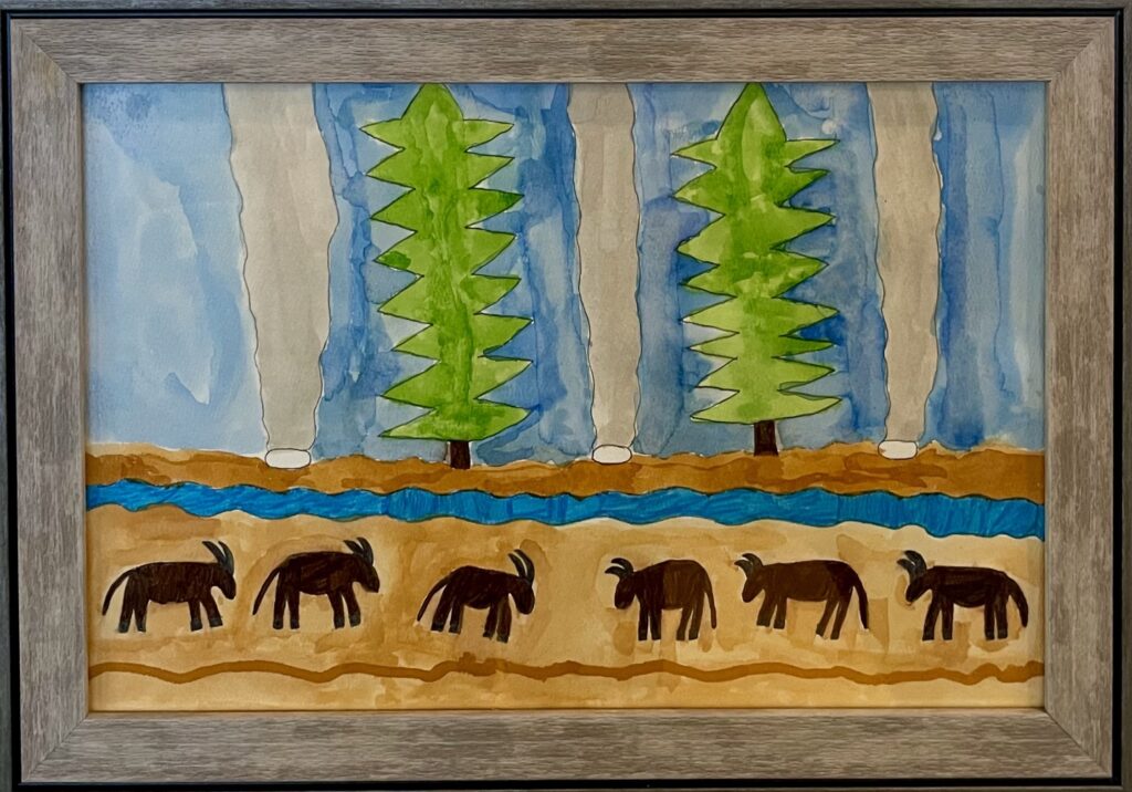 A watercolor of bison in front of pine trees and geysers.