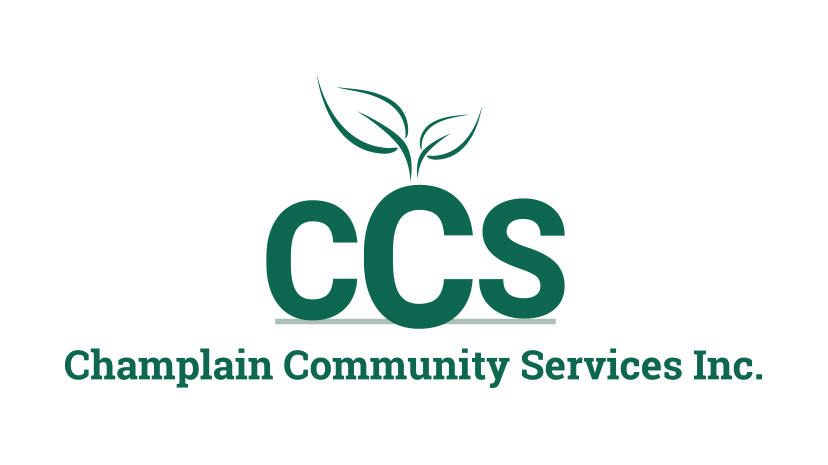 Champlain Community Services logo. Organization name in greet text with leaves budding out of the middle "C".