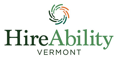 HireAbility Vermont Logo. Name in green text. Green and orange arcing lines mae a circle above.