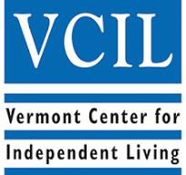 Logo for Vermont Center for Independent Living with white and black text in a blue square.